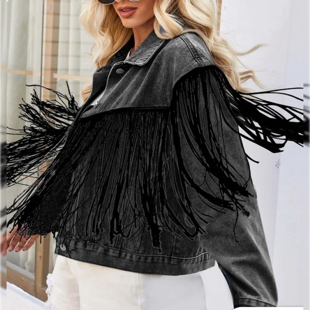 Fringe Black Denim Jacket Small - Picture 2 of 7